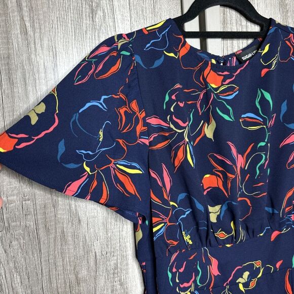 Sugar Lips Maxi Dress Deep Slit Short Sleeves Navy Floral Print Size M - Picture 7 of 10